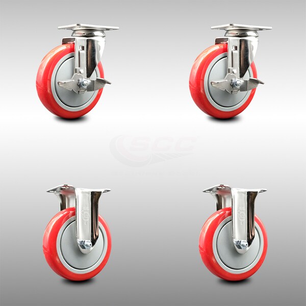 Service Caster 5 Inch 316SS Red Polyurethane Swivel Top Plate Caster Brake 2 Rigid SCC, 2PK SCC-SS31620S514-PPUB-RED-TLB-2-R-2 - main